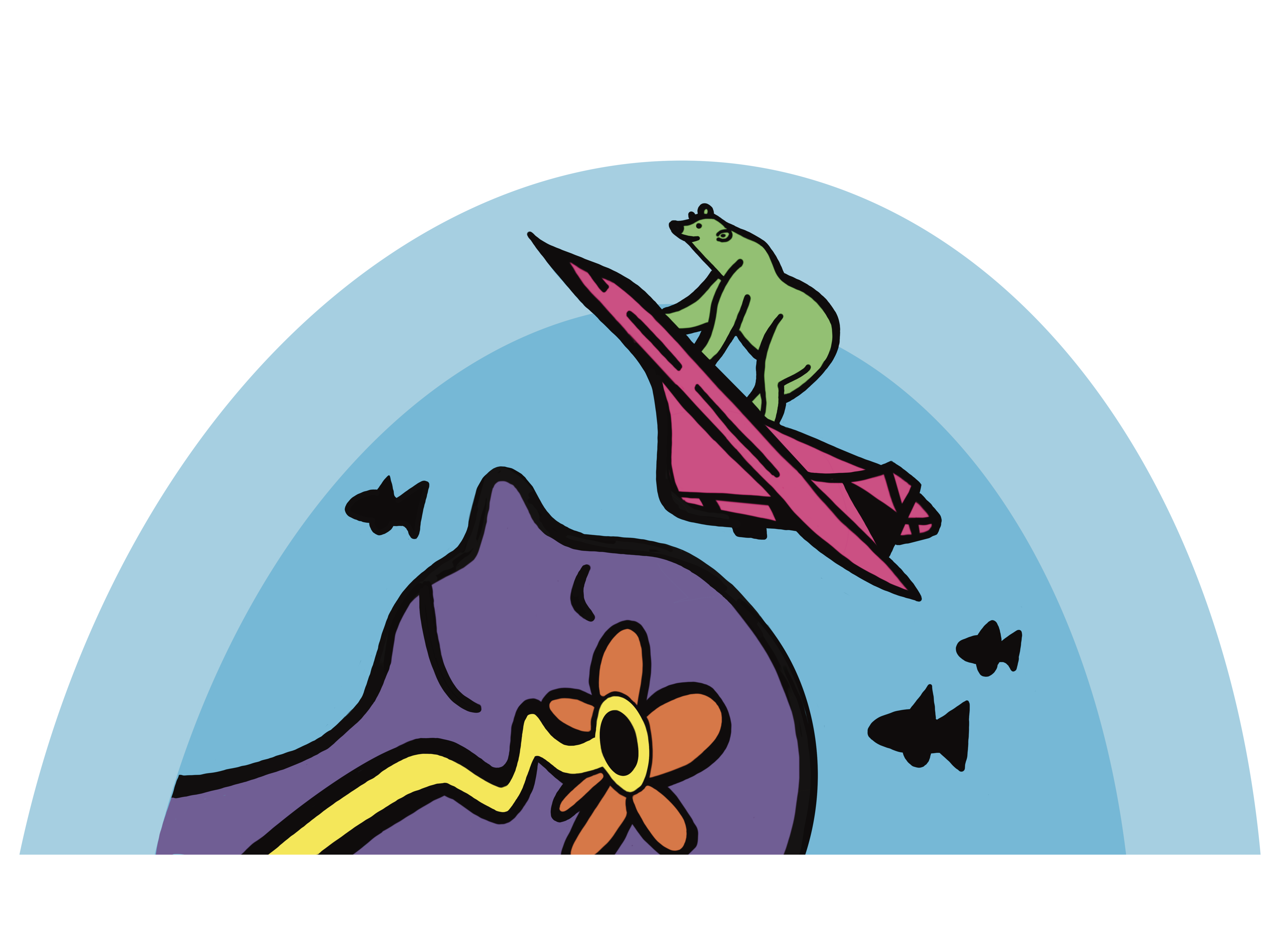 Inside a dome lies a head filled with a colourful flower. Around the head are fish and a polar bear standing on Concorde flying out the top of the dome.